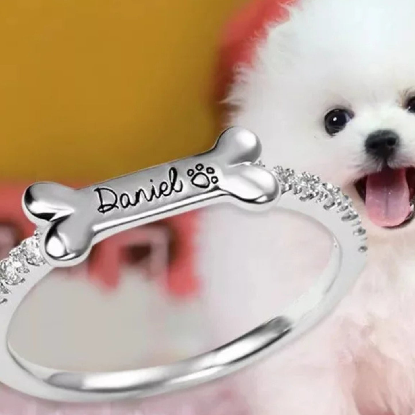 Personalised Name Dog Ring - Engraved 925 Sterling Silver with Zirconias
