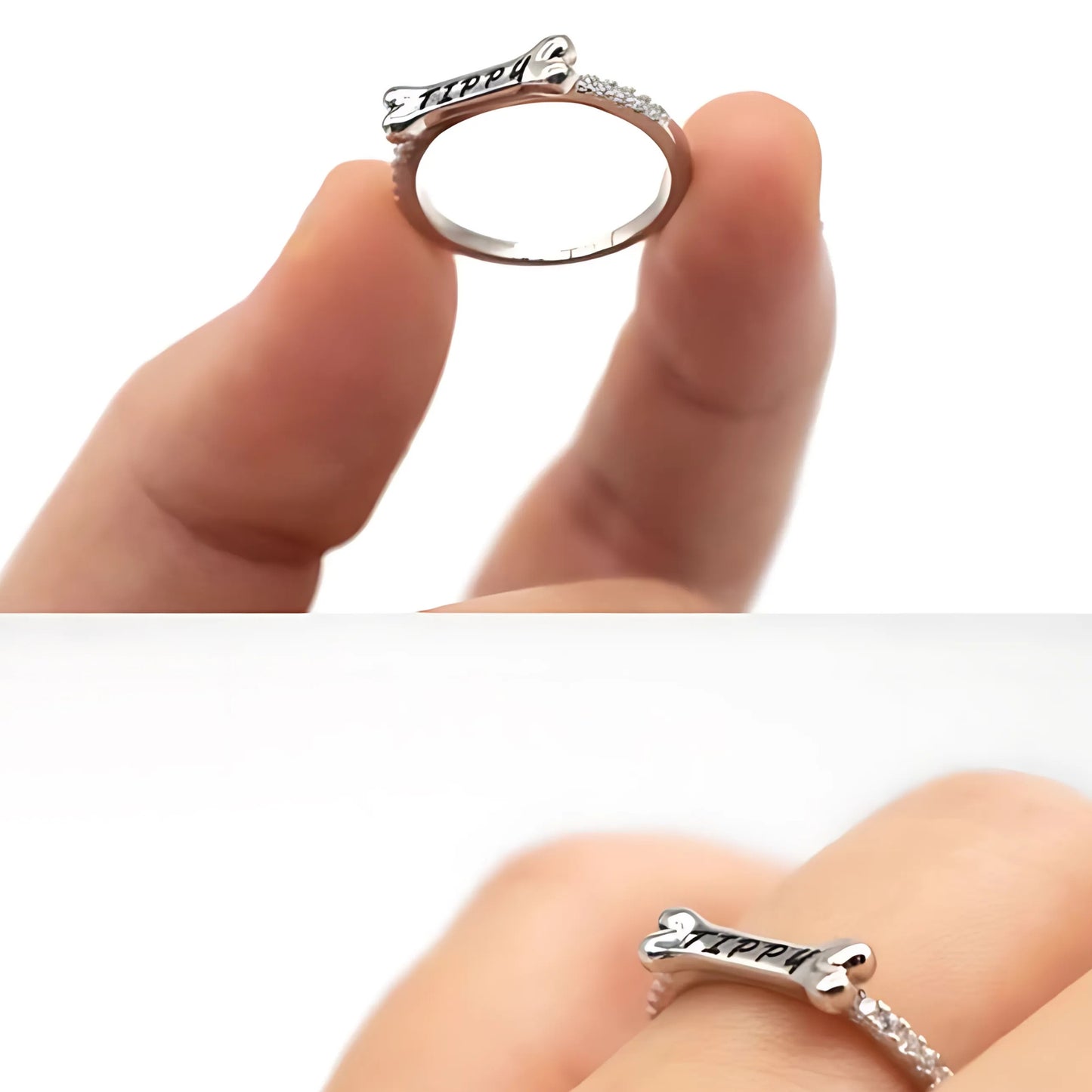 Personalised Name Dog Ring - Engraved 925 Sterling Silver with Zirconias