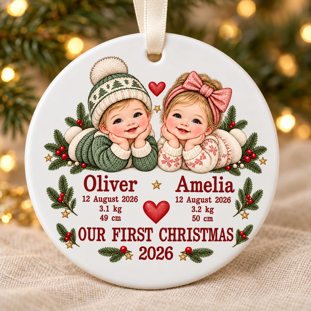 Personalised Baby’s First Christmas Ornament – Ceramic Baby & Twin Keepsakes