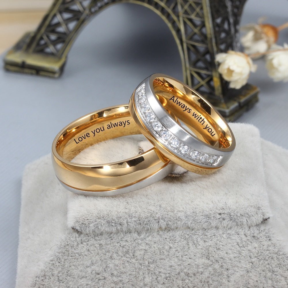 Personalised Couples Ring Set - Gold & Zirconia Bands - Name Rings Personalisr Au