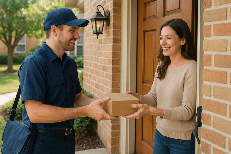 a postal worker handing a small package to a lady at her front door