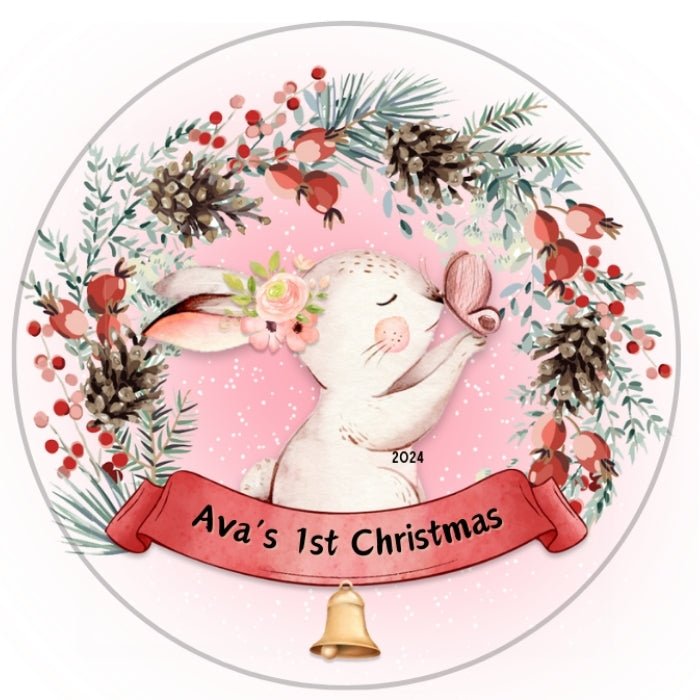 personalised christmas ornament baby's 1st christmas pink rabbit