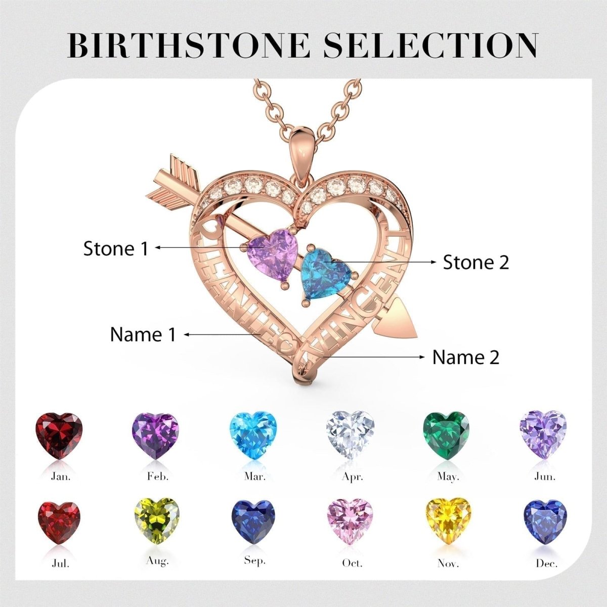 Custom 2 Name and Birthstones Heart NecklaceNecklaces
