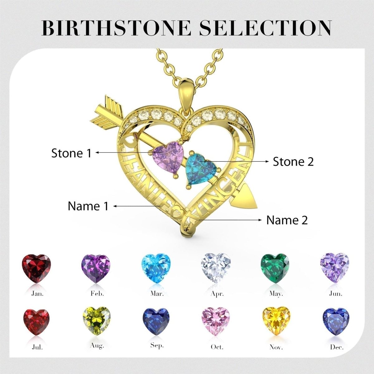 Custom 2 Name and Birthstones Heart Necklace - Necklaces Personalisr Au