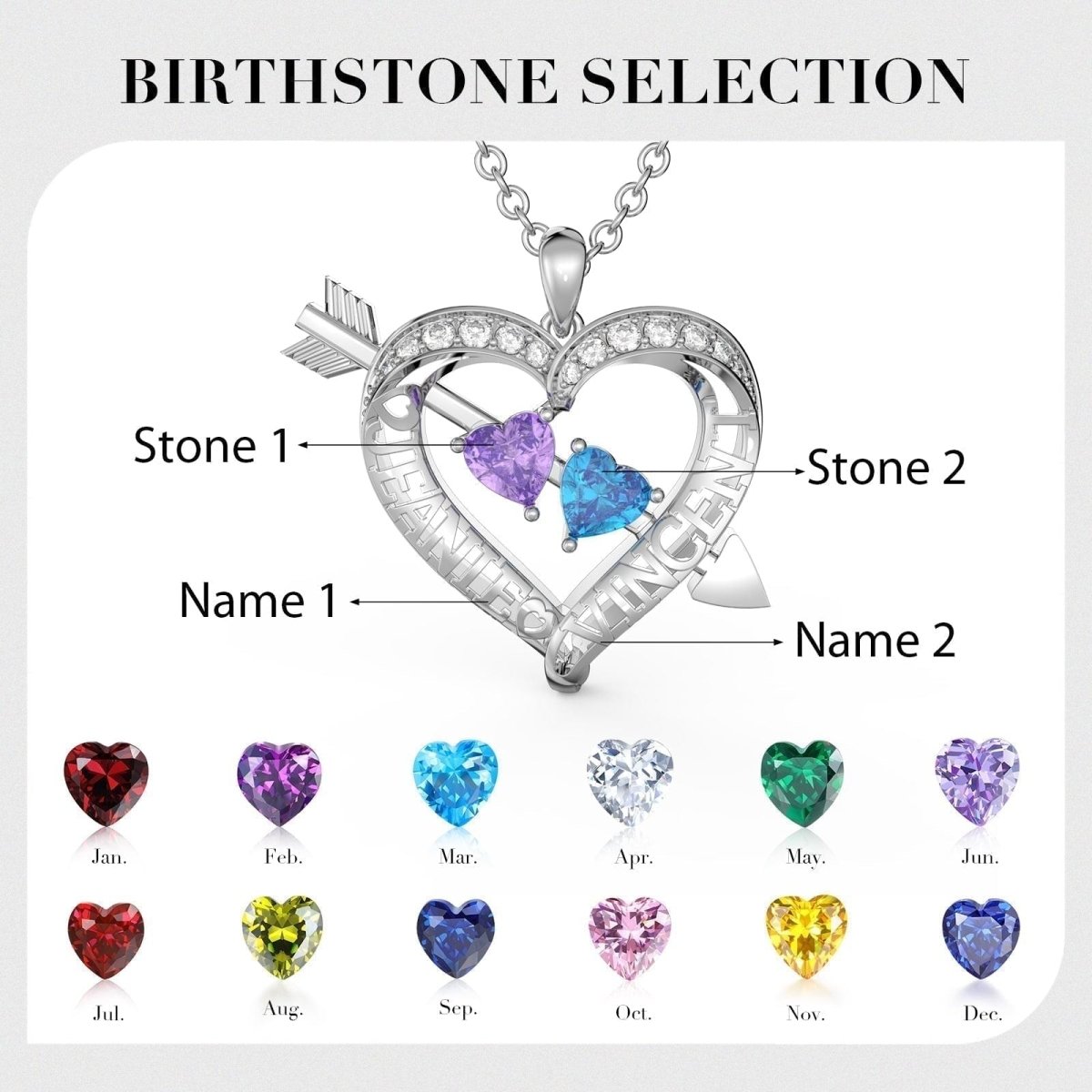 Custom 2 Name and Birthstones Heart Necklace - Necklaces Personalisr Au
