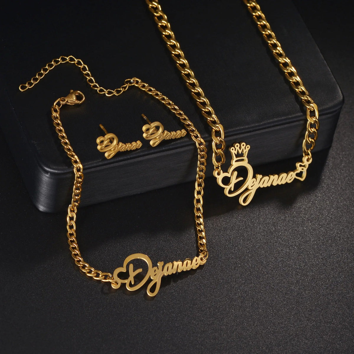 Custom Names Necklace, Earrings, and Bracelet Set in Heart Font - Necklaces Personalisr Au