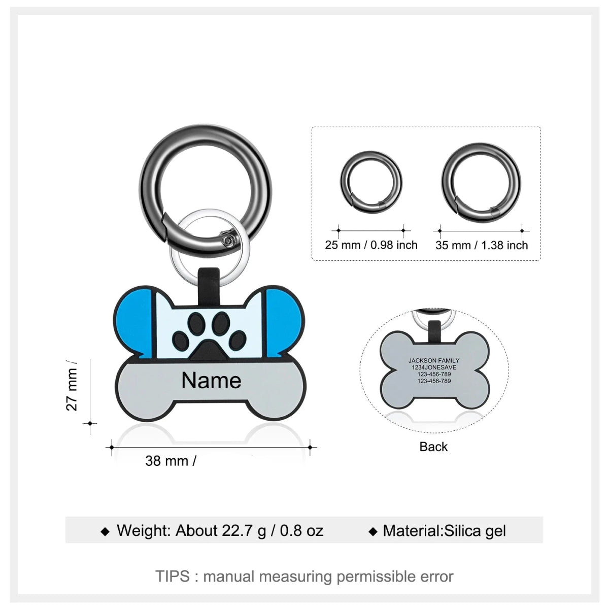 blue silicone bone shaped dog ID tag