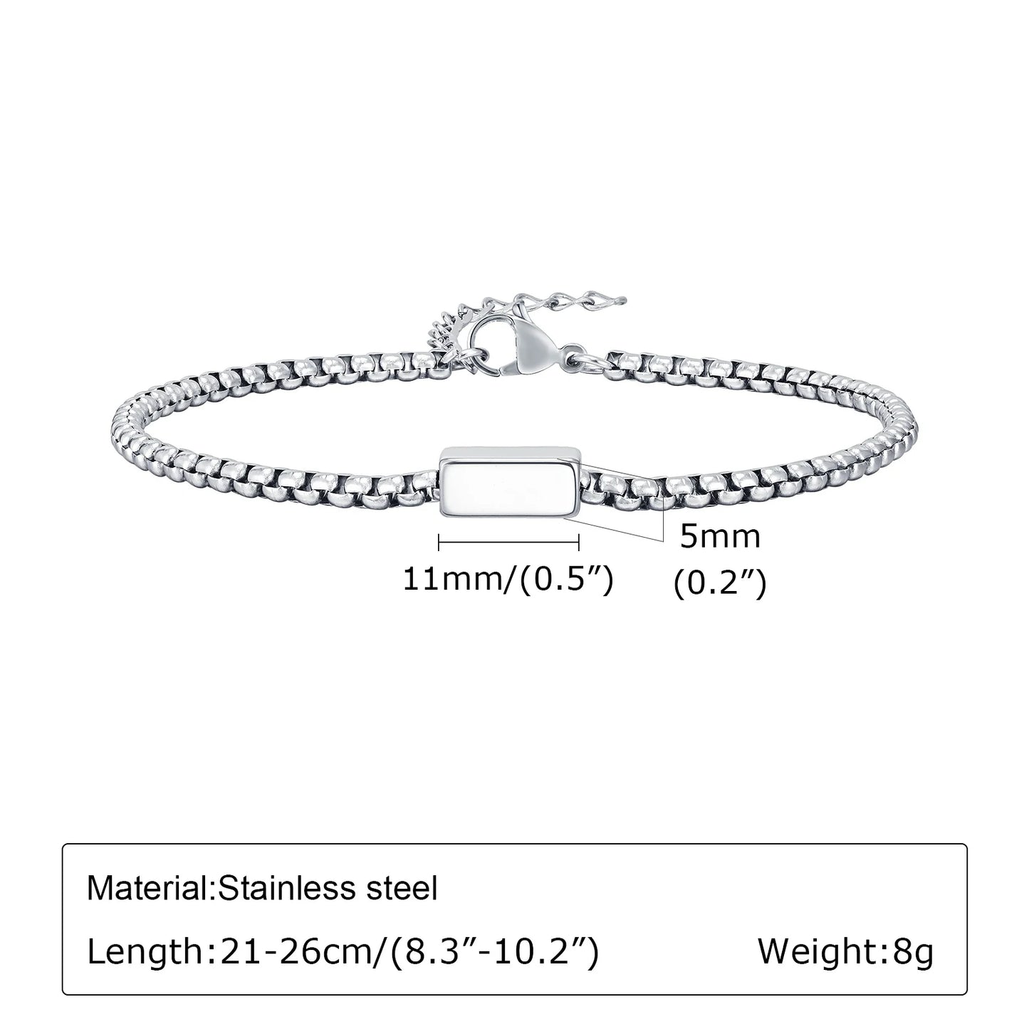 Silver bracelet with measurements and material details on a white background