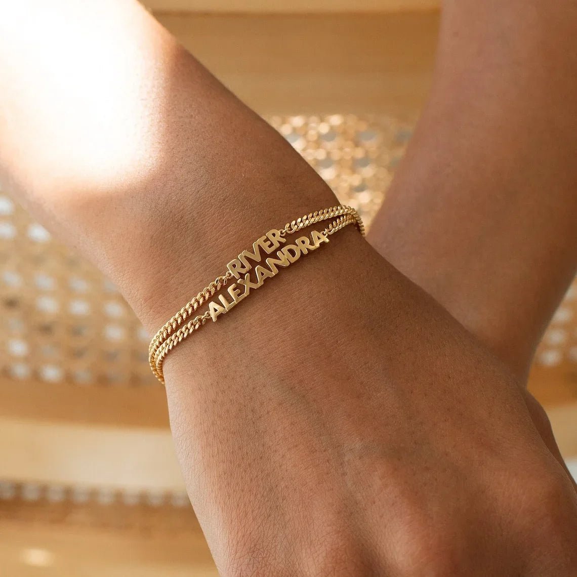 personalised name on bracelets in gold finish