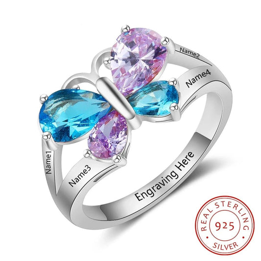 Personalised 4 Name & Birthstone Butterfly Ring - Name Rings Personalisr Au
