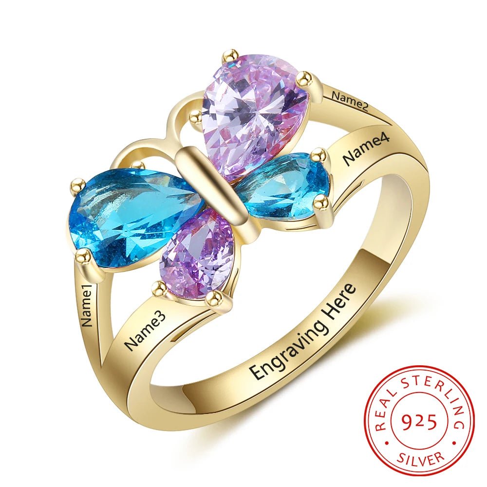 Personalised 4 Name & Birthstone Butterfly Ring - Name Rings Personalisr Au