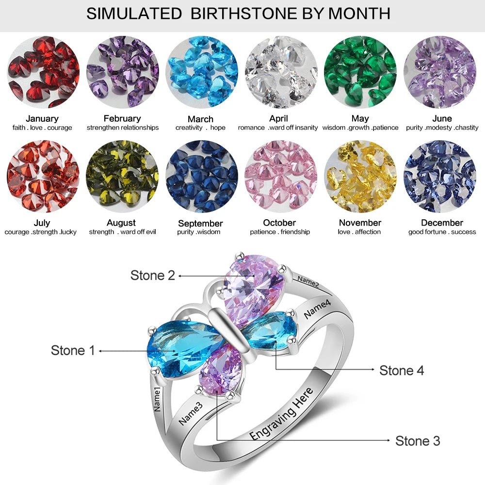 Personalised 4 Name & Birthstone Butterfly Ring - Name Rings Personalisr Au