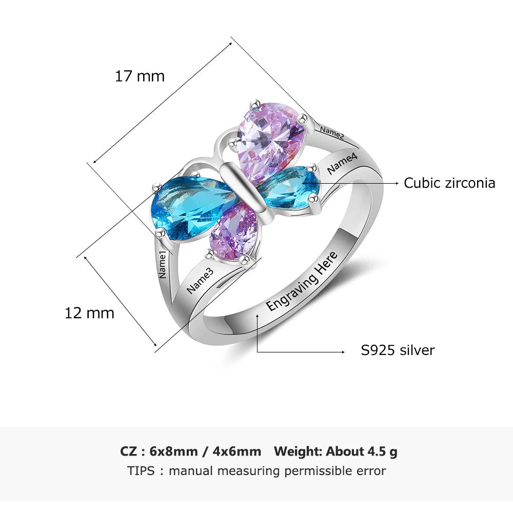 Personalised 4 Name & Birthstone Butterfly Ring - Name Rings Personalisr Au