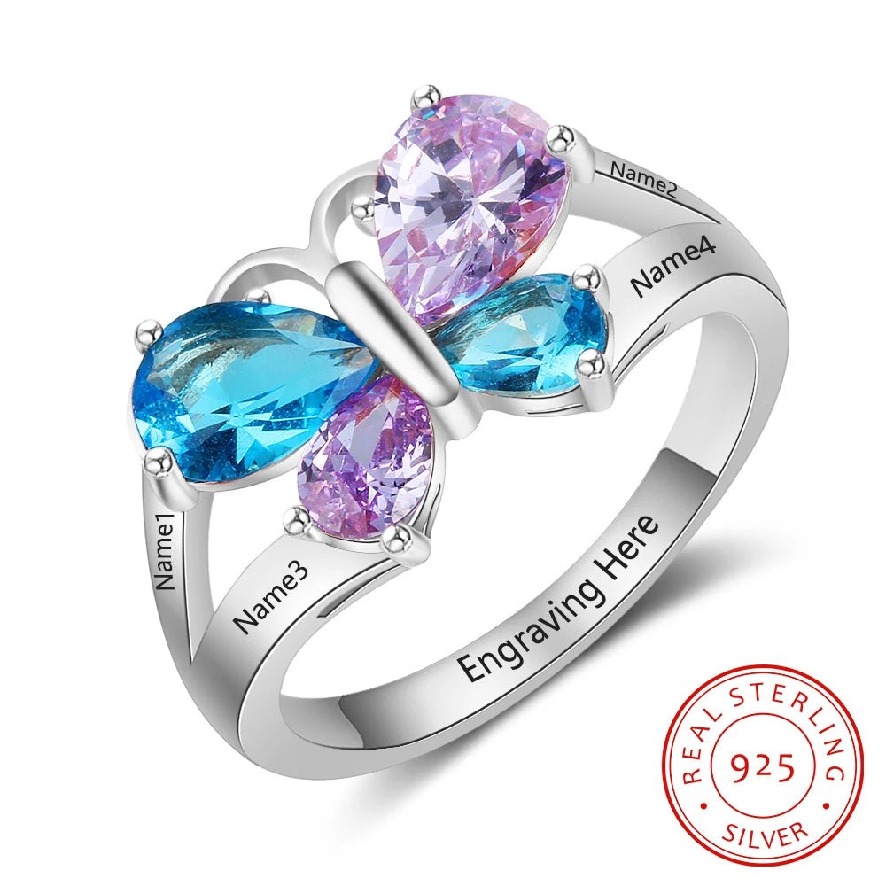 Personalised 4 Name & Birthstone Butterfly Ring - Name Rings Personalisr Au