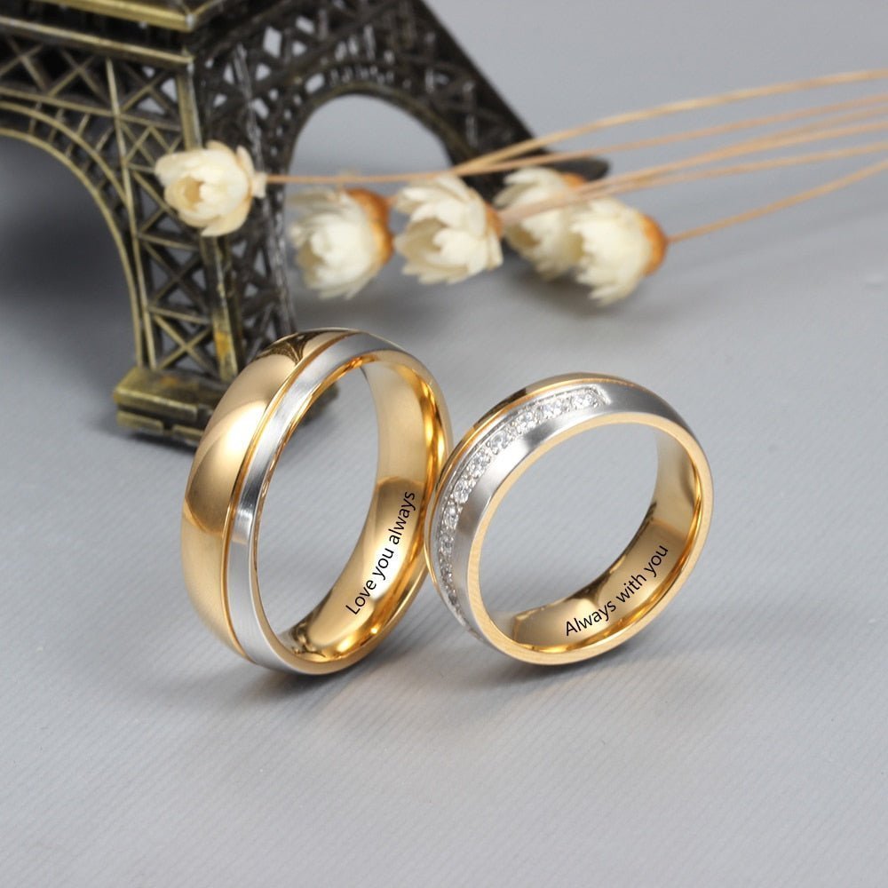 Personalised Couples Ring Set - Gold & Zirconia Bands - Name Rings Personalisr Au