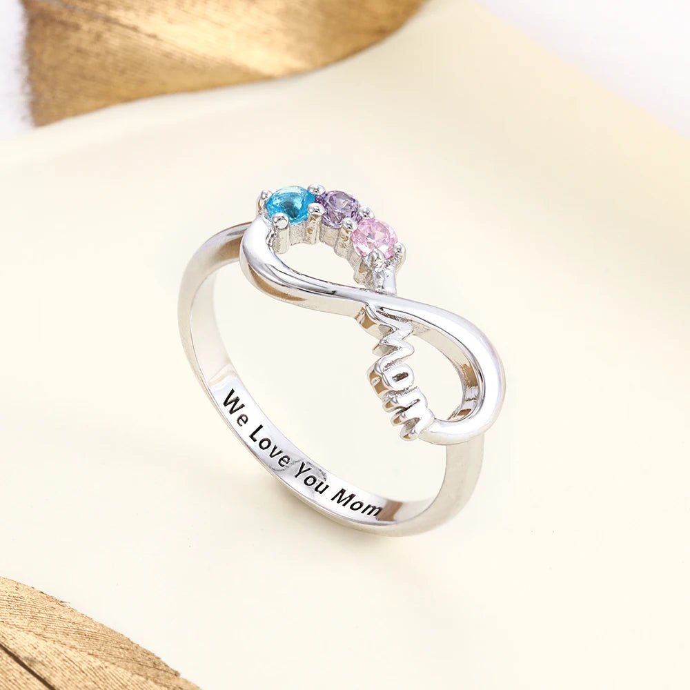 Personalised Infinity Mum Ring with Birthstone Accents - engraved ring Personalisr Au