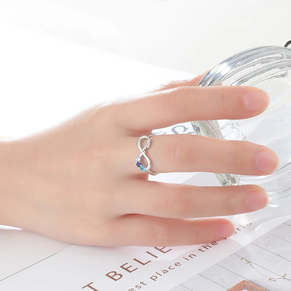 Personalised Infinity Mum Ring with Birthstone Accentsengraved ring
