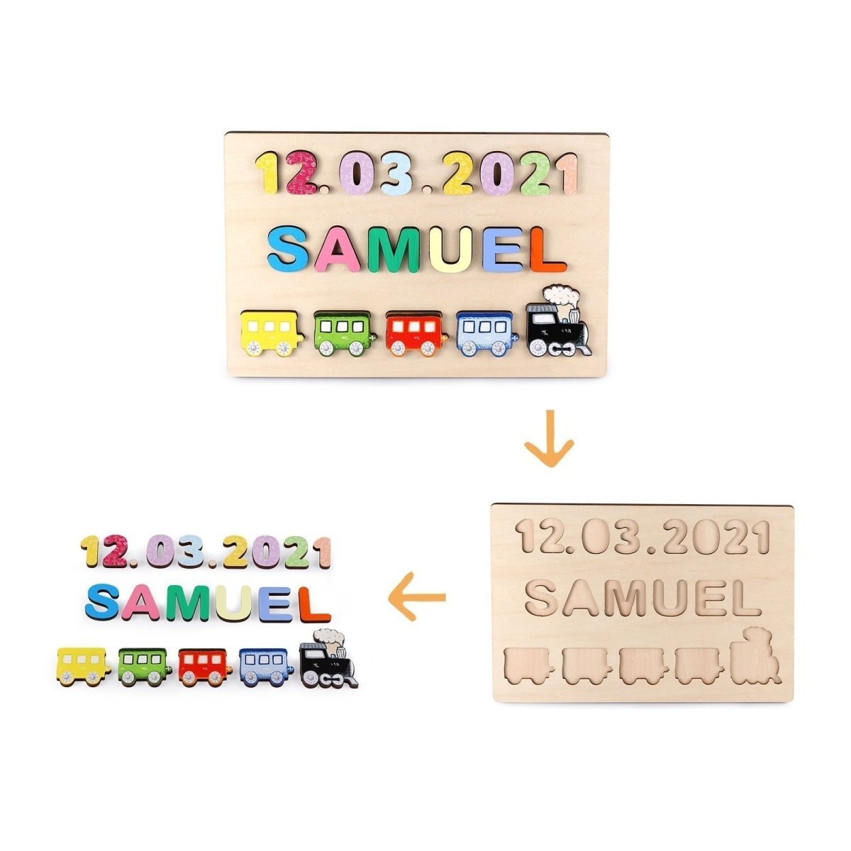Personalised Name and Birthdate Wooden Train Puzzle - Puzzle Personalisr Au