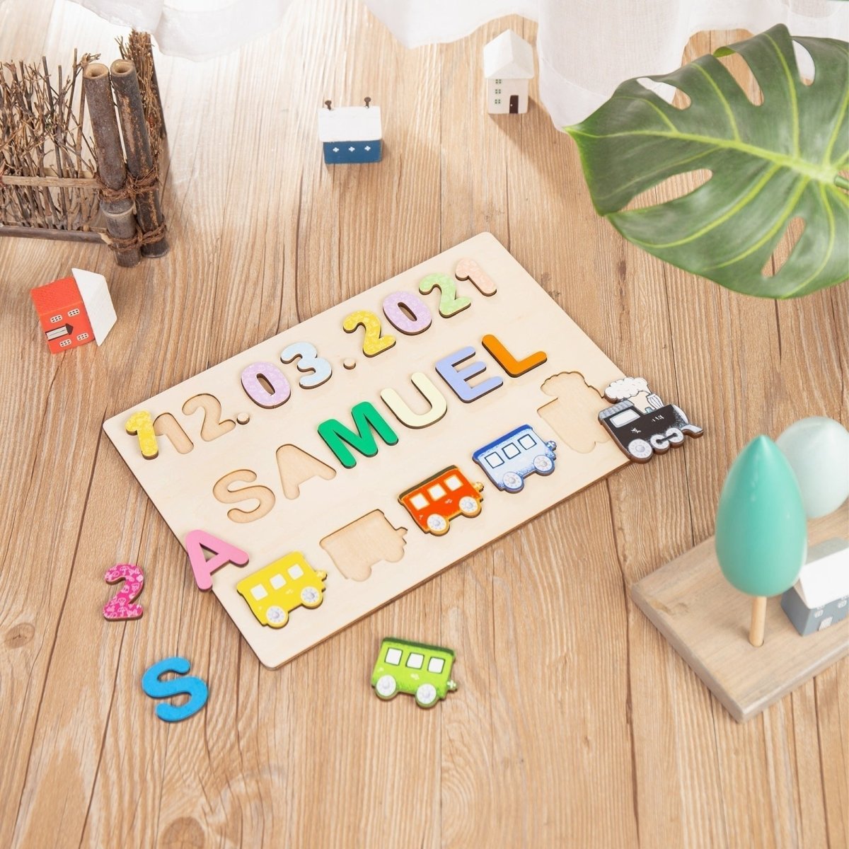 Personalised Name and Birthdate Wooden Train Puzzle - Puzzle Personalisr Au