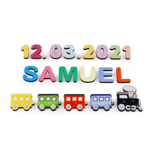Personalised Name and Birthdate Wooden Train Puzzle - Puzzle Personalisr Au