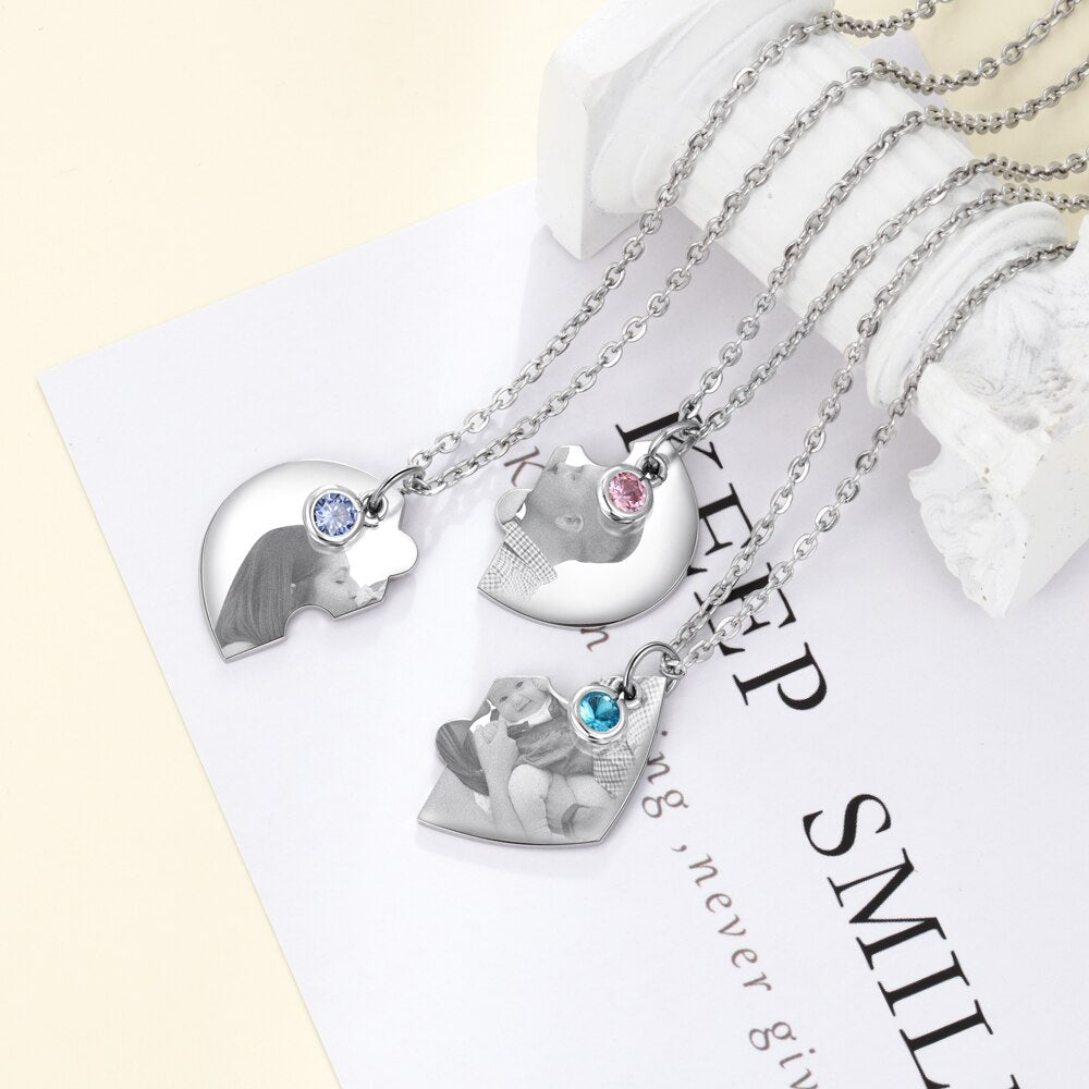 Personalised Photo and Birthstone 3 Piece Puzzle Necklace - Necklace Personalisr Au