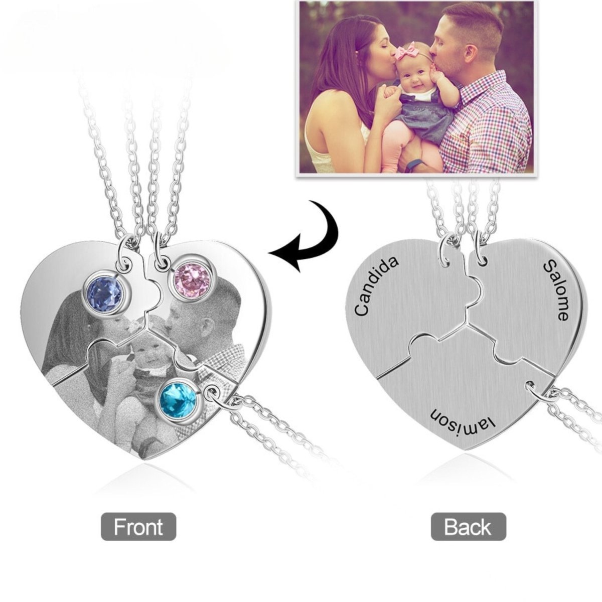 Personalised Photo and Birthstone 3 Piece Puzzle Necklace - Necklace Personalisr Au