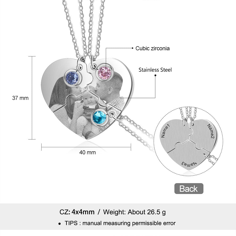 Personalised Photo and Birthstone 3 Piece Puzzle Necklace - Necklace Personalisr Au