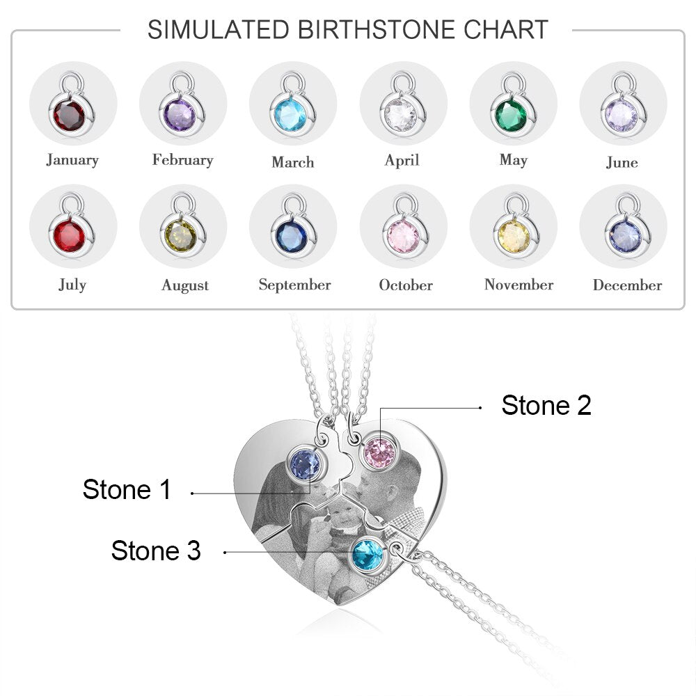 Personalised Photo and Birthstone 3 Piece Puzzle NecklaceNecklace