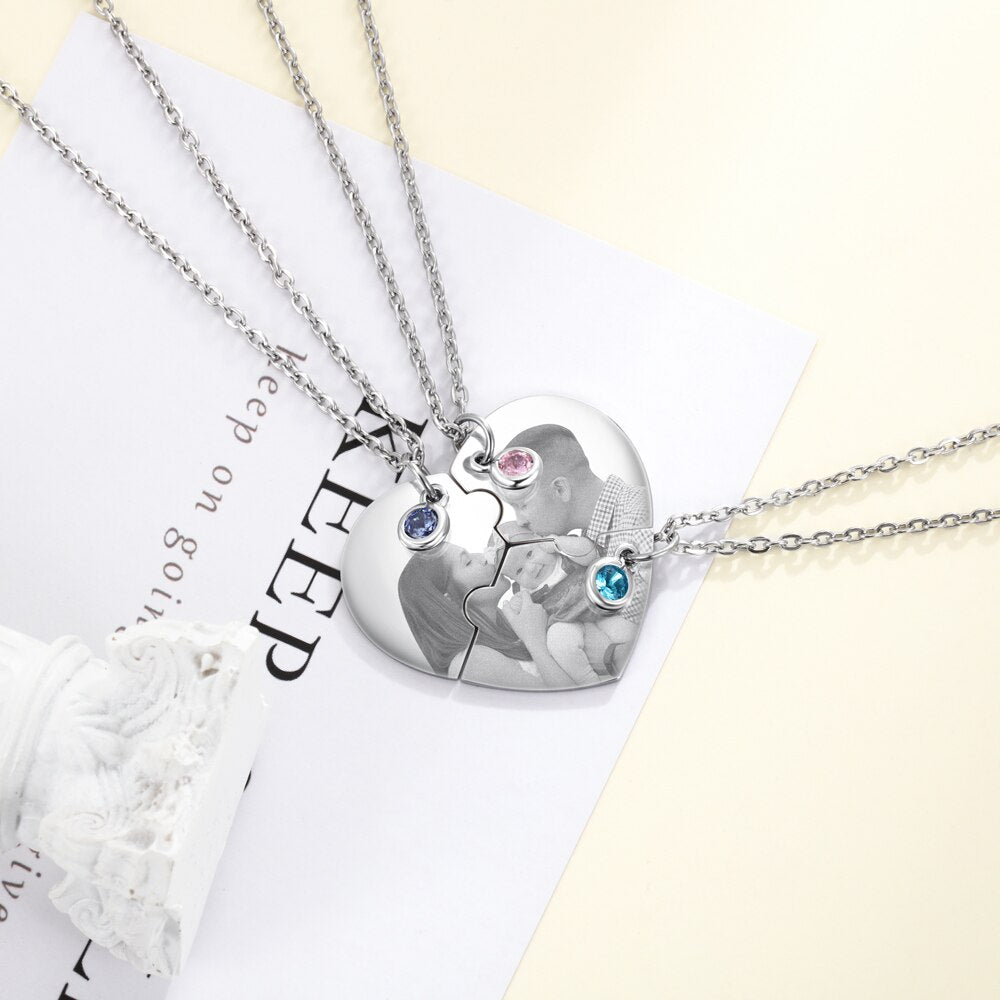 Personalised Photo and Birthstone 3 Piece Puzzle NecklaceNecklace