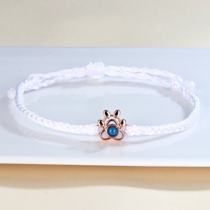 rose gold paw photo projection white rope bracelet