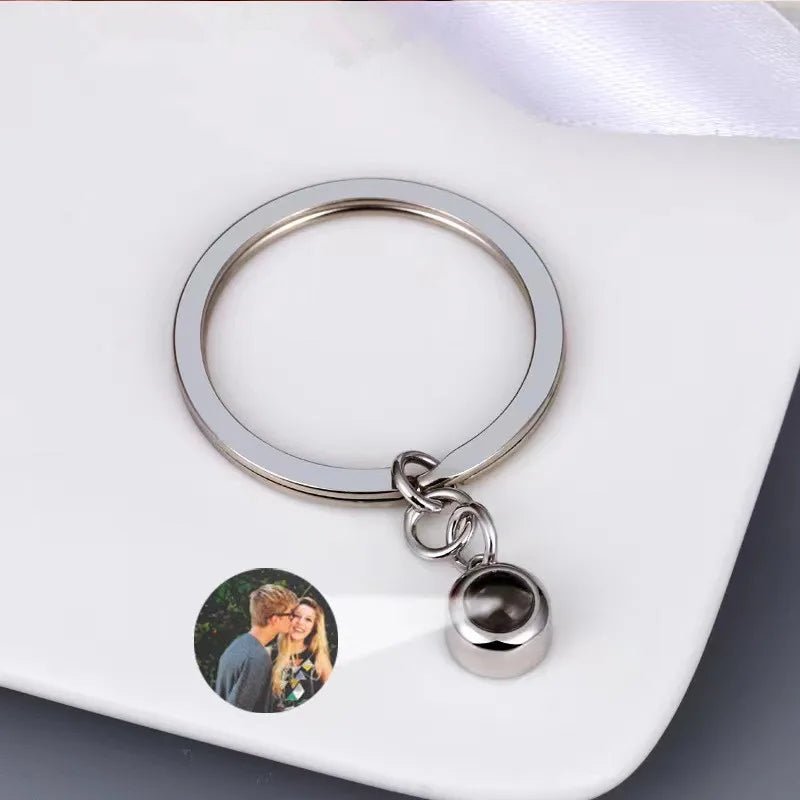 Photo Projection round pendant keychain silver stainless steel
