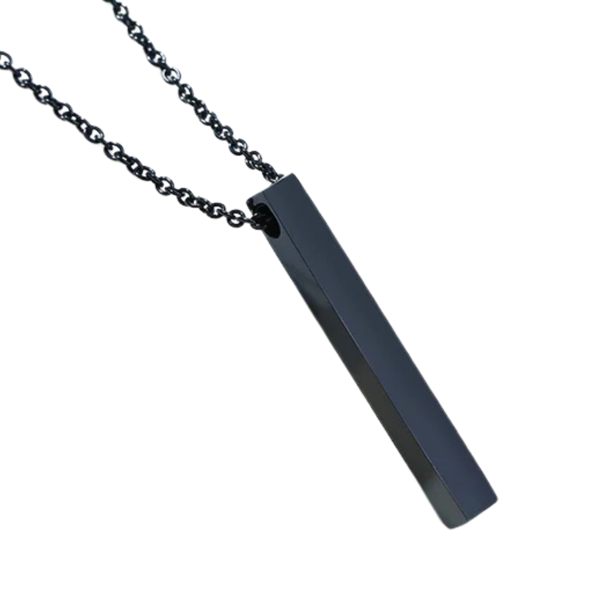 Black pendant on a chain against a white background