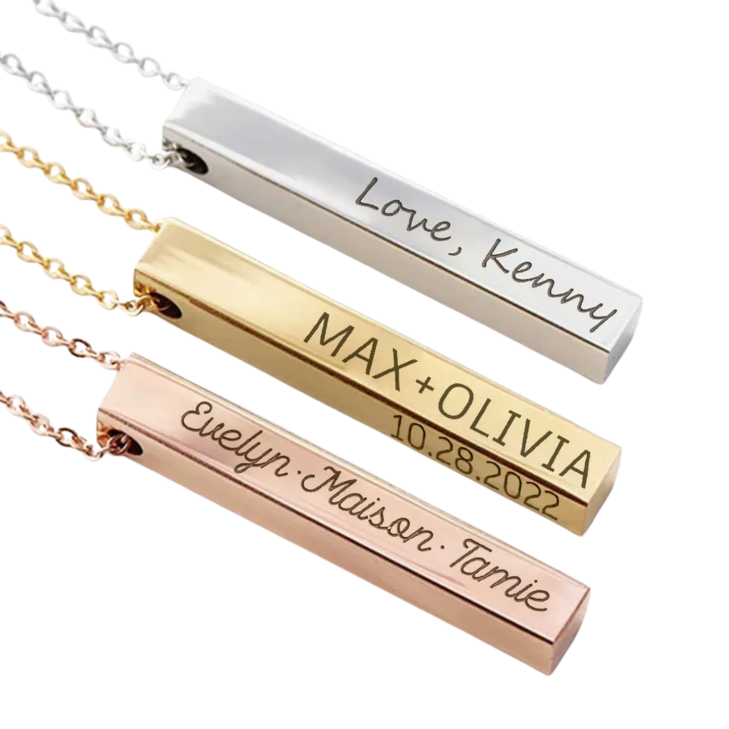 Three gold bar necklaces with engraved names on a white background