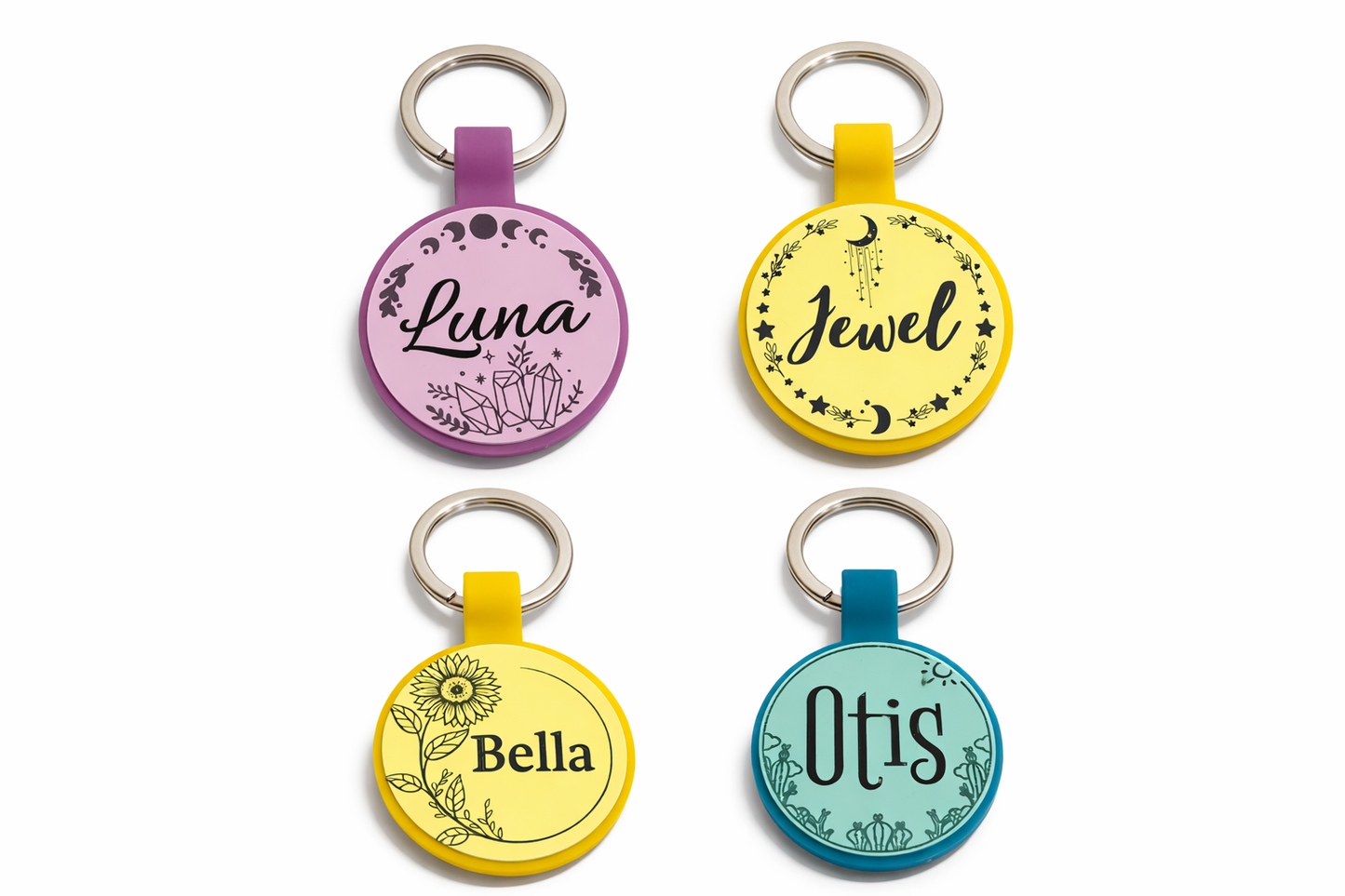 Four colorful pet tags with names 'Luna', 'Jewel', 'Bella', and 'Otis' on a white background.