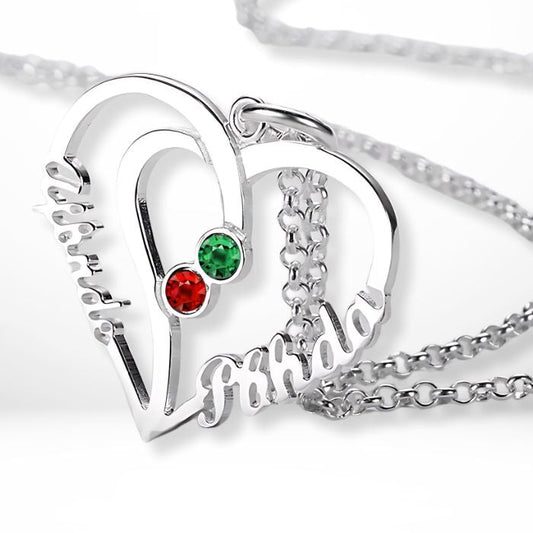 2 name heart silver necklaces with birthstones 