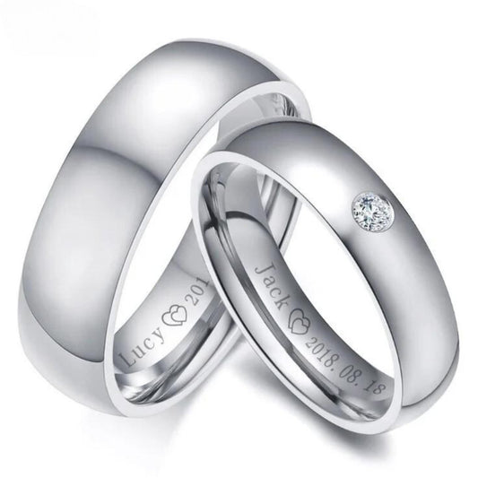 Couple Rings - Stainless Steel & Cubic Zirconiaengraved ring