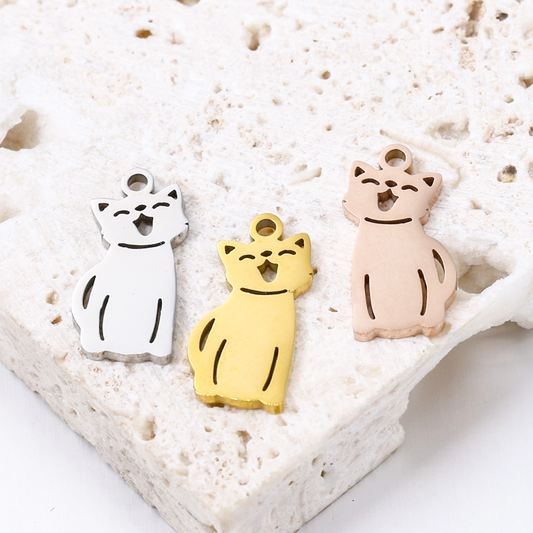 Engraved Cat Charm in Stainless Steel Silver
