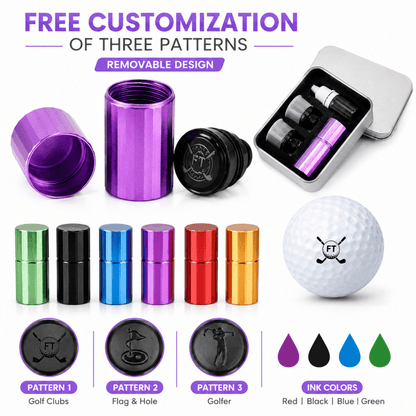 Product display with customizable ink cartridges, a golf ball, and pattern options on a white background.