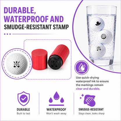 Promotional graphic for a durable, waterproof, and smudge-resistant stamp with golf ball and ink bottle illustration.