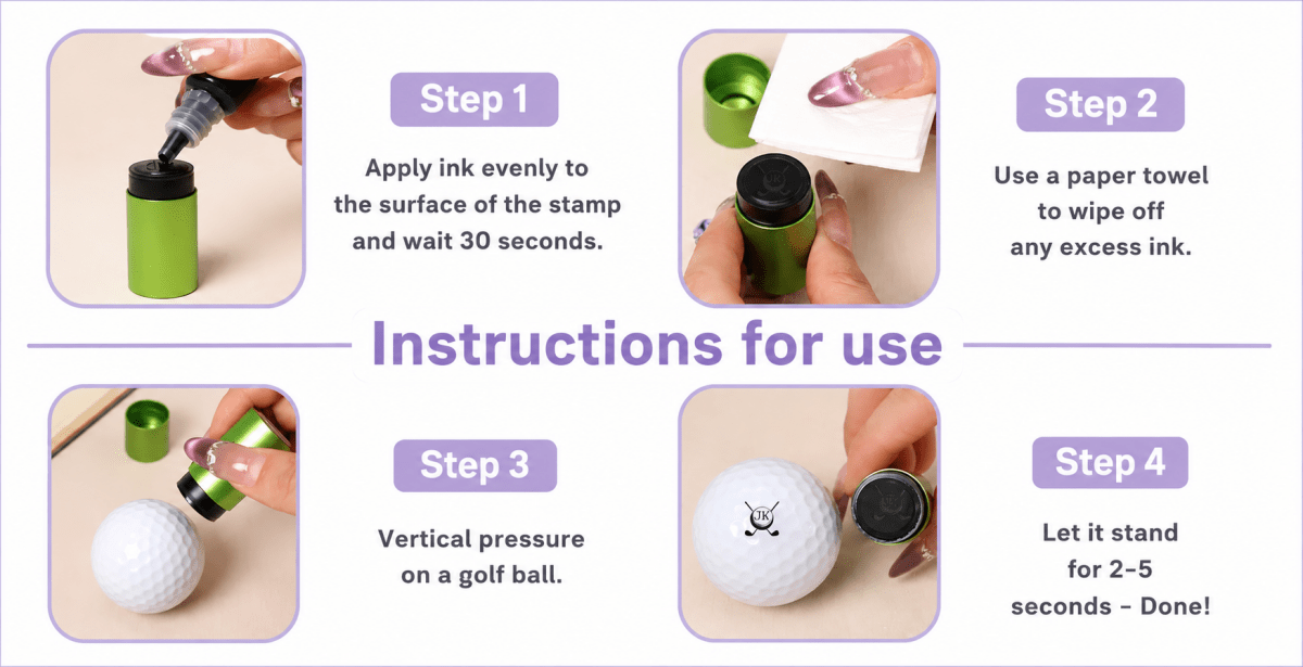 Step-by-step instructions for using a stamp with ink on a golf ball, shown in four steps.