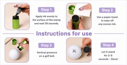 Step-by-step instructions for using a stamp with ink on a golf ball, shown in four steps.