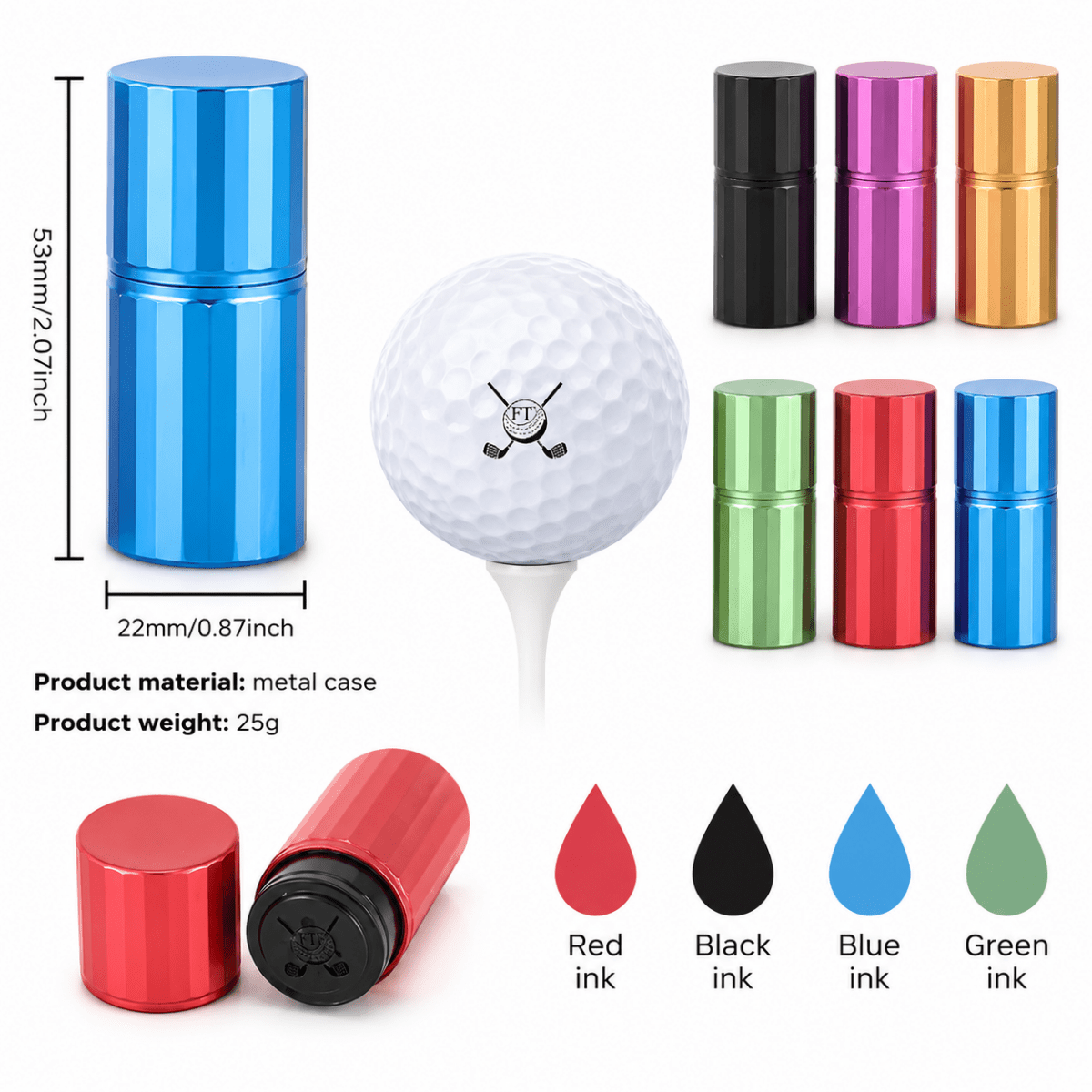Set of colorful stamps with a golf ball and measurement details on a white background