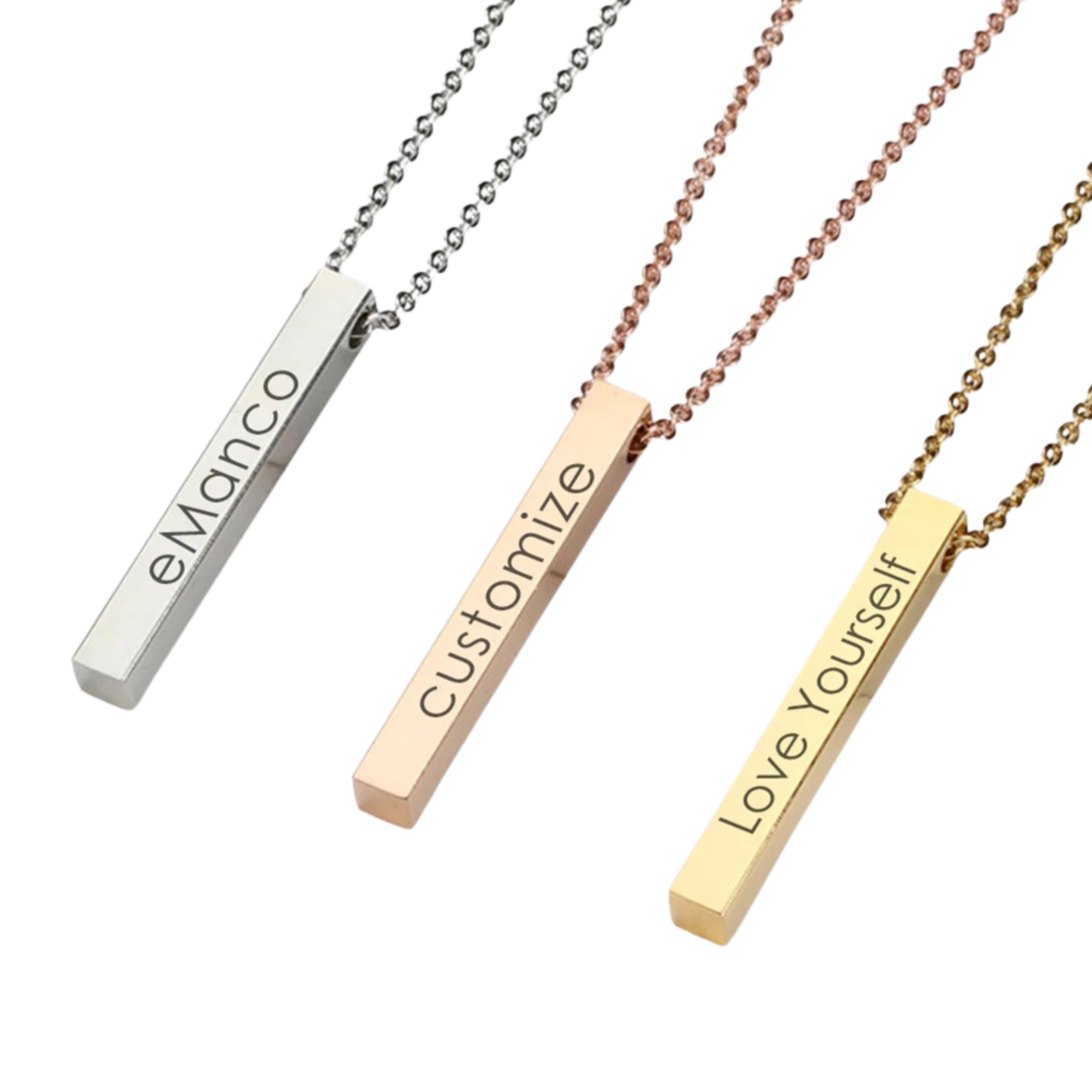 Three gold necklaces with engraved text on a white background