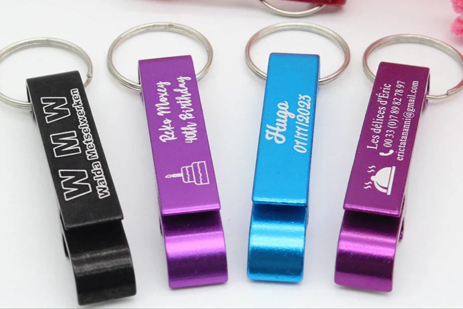 engrave your logo on aluminium bottle opener keychains Australia
