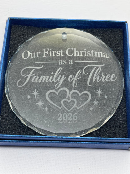 Our First Christmas as a Family of Three – Engraved Crystal Ornament