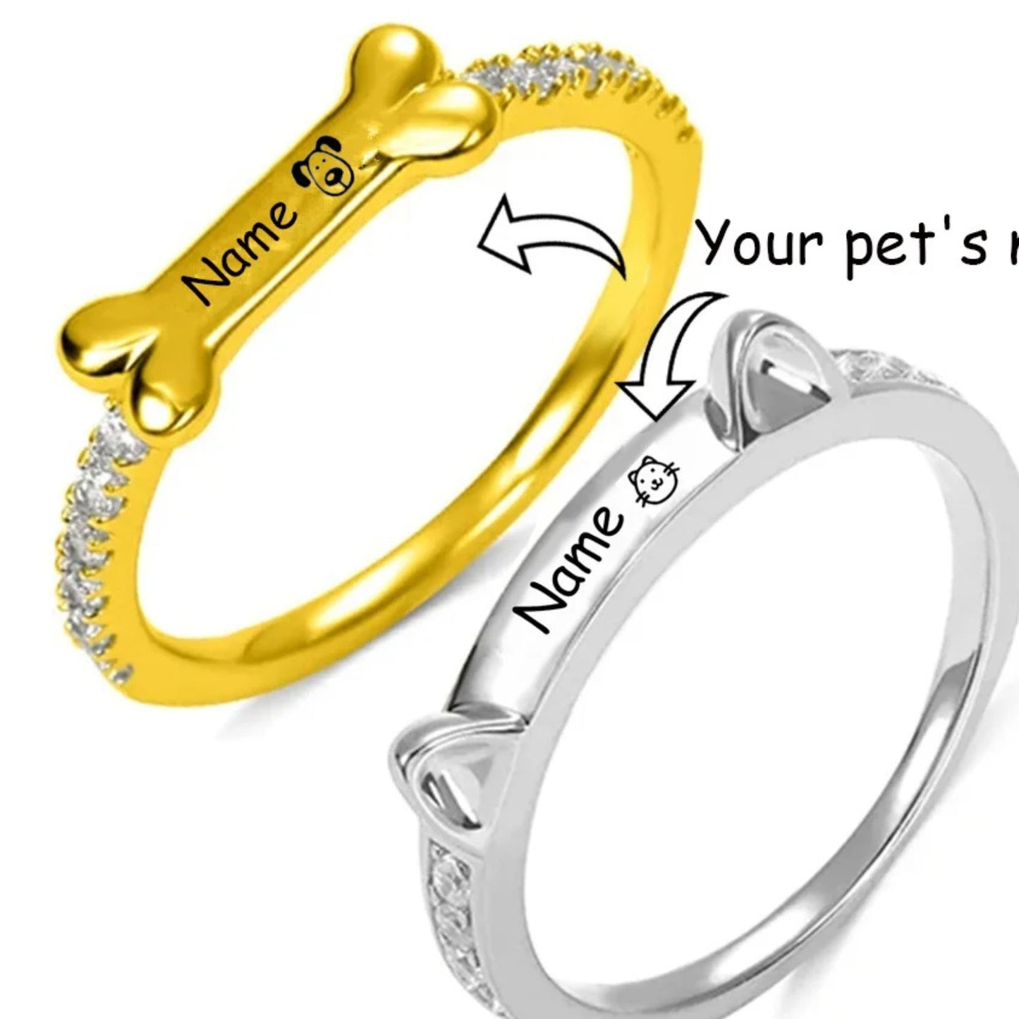 Personalised Name Dog Ring - Engraved 925 Sterling Silver with Zirconias