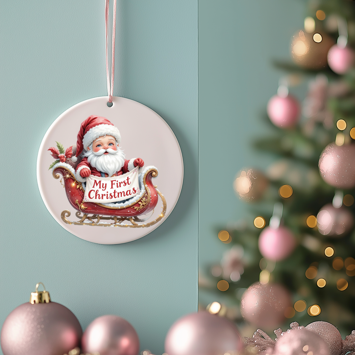 Personalised ‘My First Christmas’ Ornament – Santa in Sleigh Design
