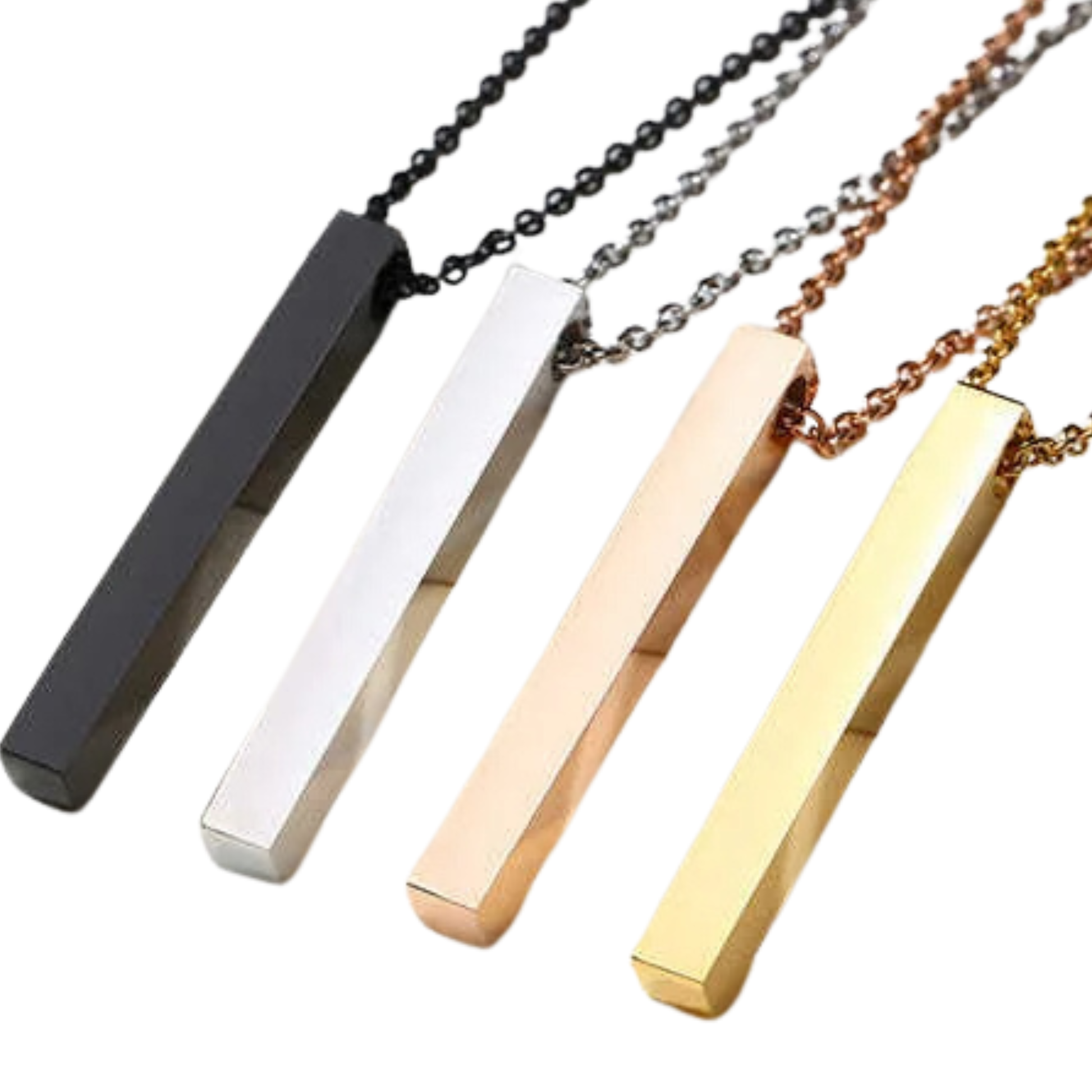 Set of four bar necklaces in black, white, gold, and rose gold on a white background.