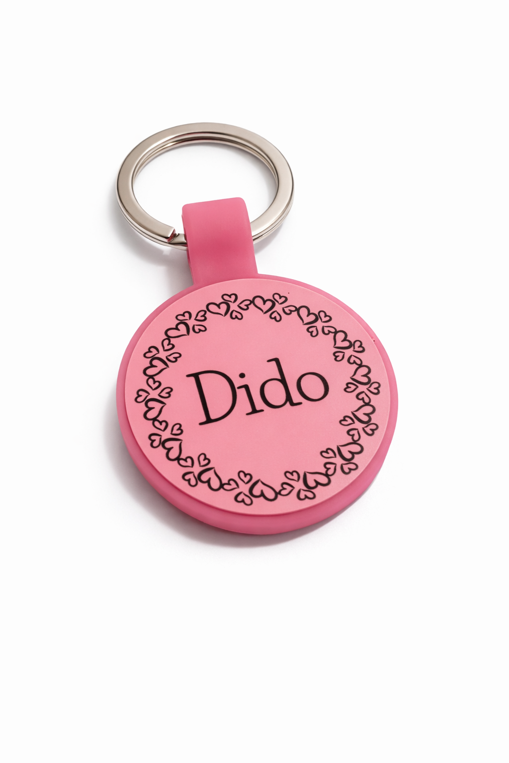 Pink dogtag with 'Dido' engraved on a white background