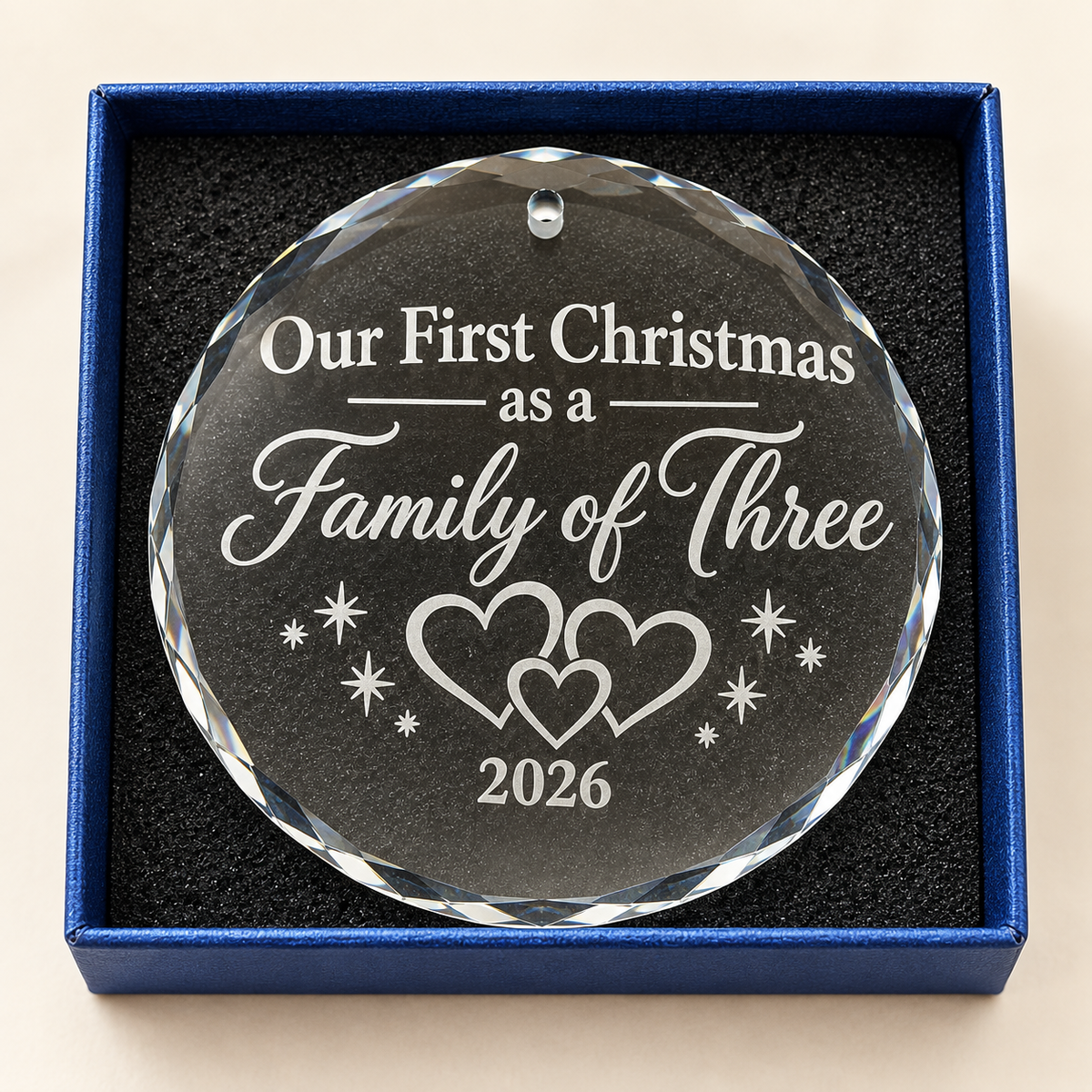 Our First Christmas as a Family of Three – Engraved Crystal Ornament
